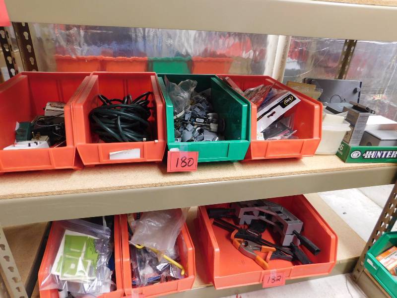 lot 180 image: 4 bins of electrical parts and boxes