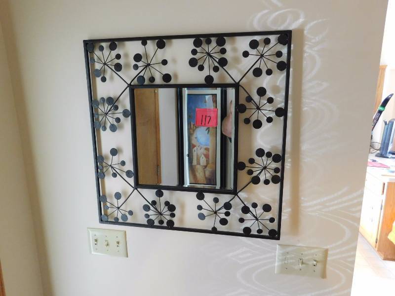 lot 117 image: Metal framed mirror metal voltive holder