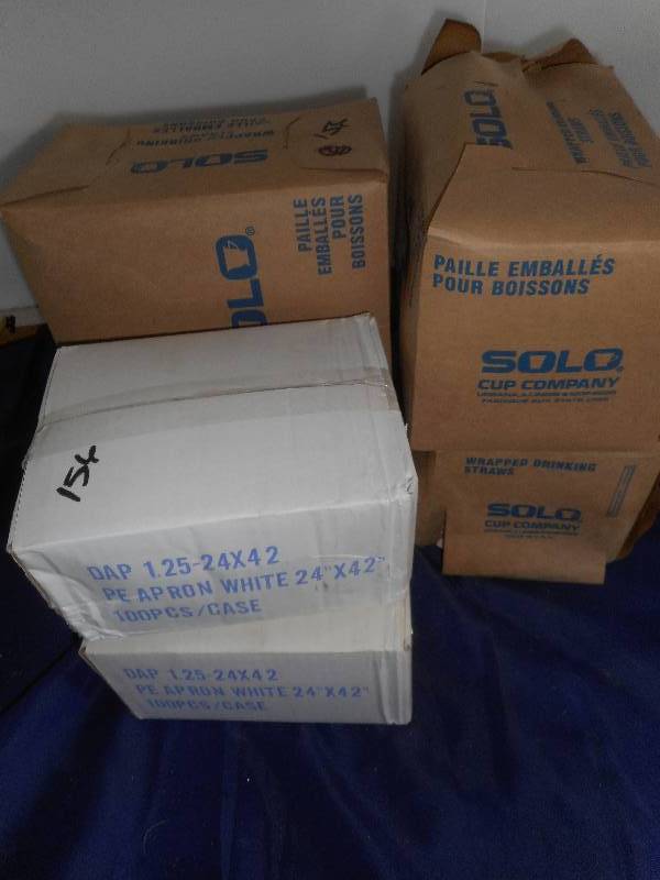 lot 156 image: 4 BOXES OF SOLO STRAWS AND 2 BOXES OF APRONS