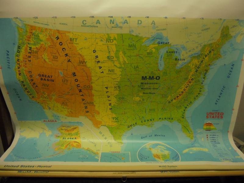 lot 43 image: US & World School Maps on Rolling Bracket, good condition. 64 wide