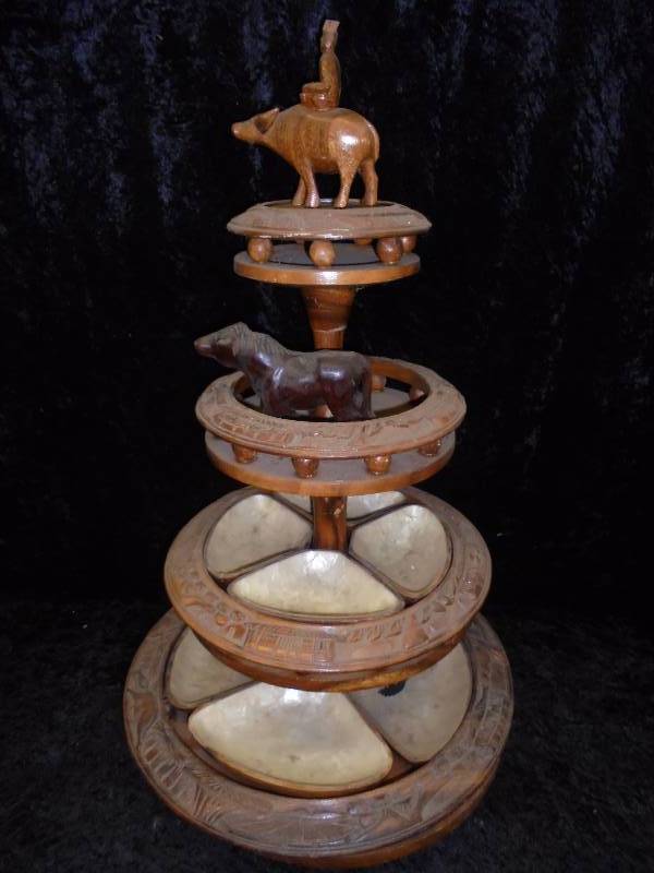 lot 91 image: Wood Carved Tiered Serving Tray with Inserts