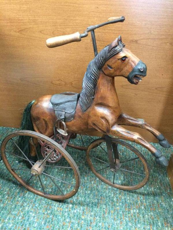 lot 49 image: Antique Hand Carved Wooden Horse Push Tricycle