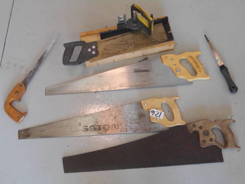 lot 126 image: Lot Of (5) Hand Saws & (1) Miter Bo...