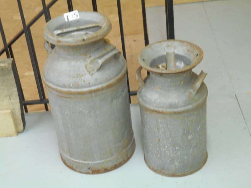 lot 145 image: (2) Vintage Steel Milk Cans ...