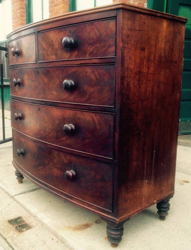 1860s English Bow Front Mahogany Chest of Drawers  Dresser
