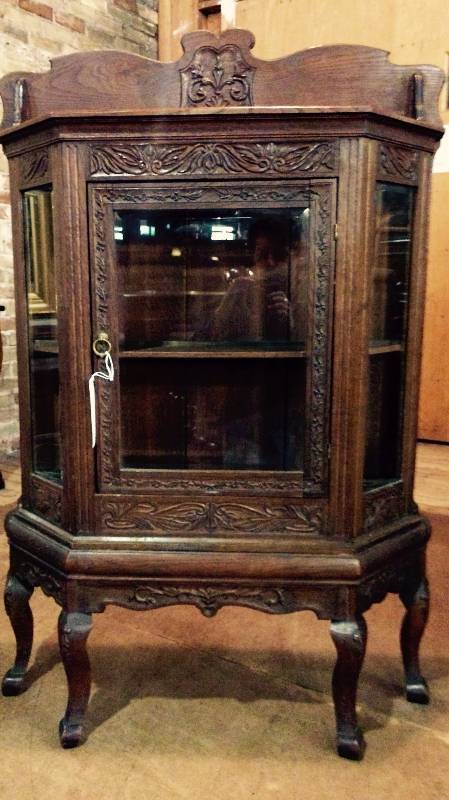 1900 English Hand Carved Oak Cabinet with Beveled Glass