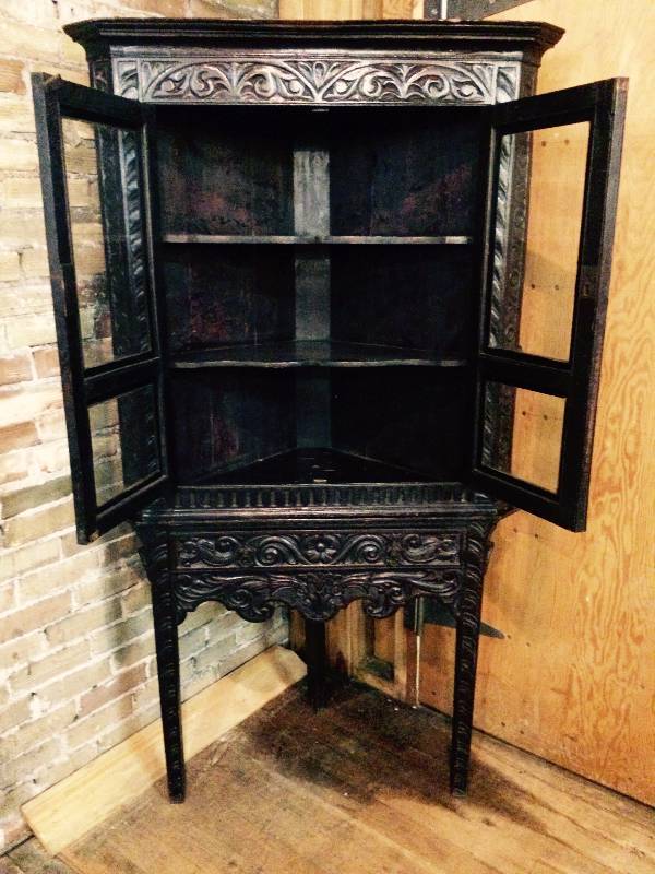 1880s English Ebonized Exquisitely Hand Carved Oak Corner Cabinet