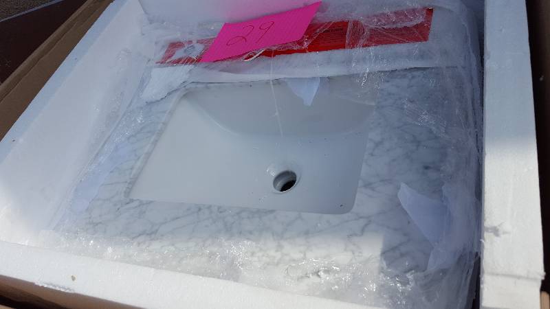 lot 29 image: Home Decorators Collection Aberdeen 24 in. W x 20 in. D Vanity in White with Marble Vanity Top in White with White Basin New