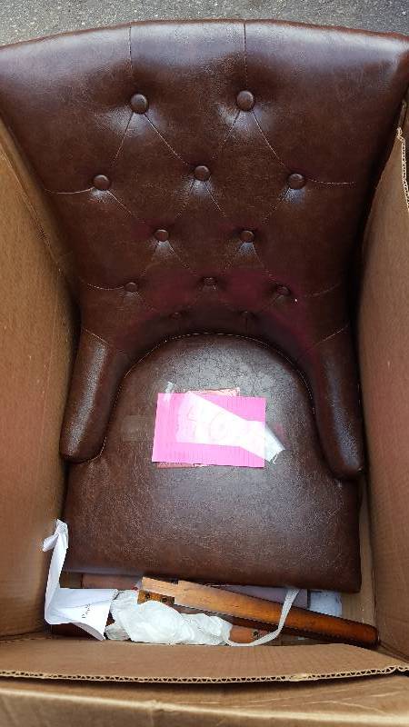 lot 38 image: Home Decorators Collection  Rebecca Brown Leather with Burlap Tufted Chair Model # 1274200740 New