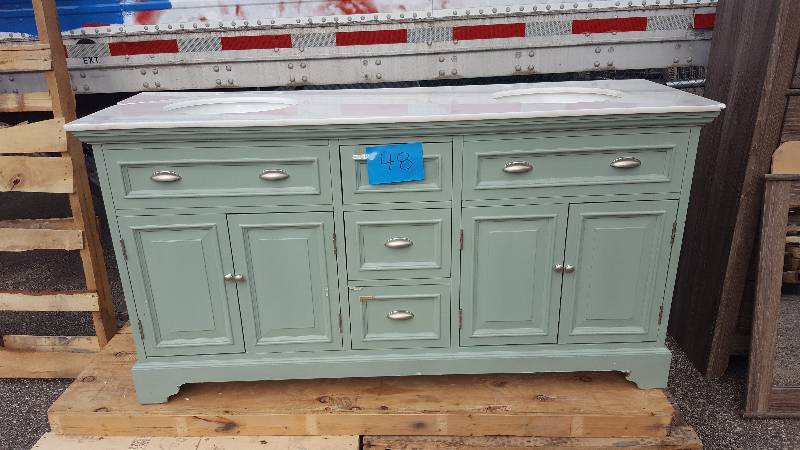 lot 48 image: Home Decorators Collection Sadie 67 in. Double Vanity in Antique Blue with Marble Vanity Top in White with White Basin New