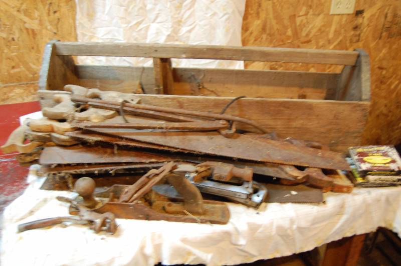 Old Wooden Toolbox with Misc Tools
