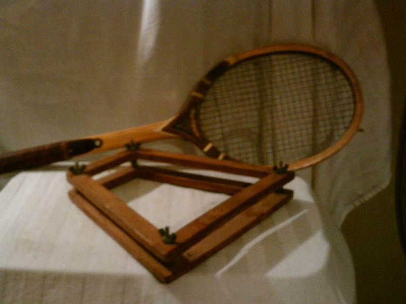 Wooden Tennis racket and wood press, vintage, 1974 racket, press is from 1950s with wing nuts