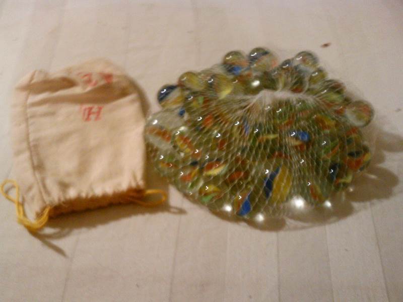 Assorted Marbles and vintage marble bag