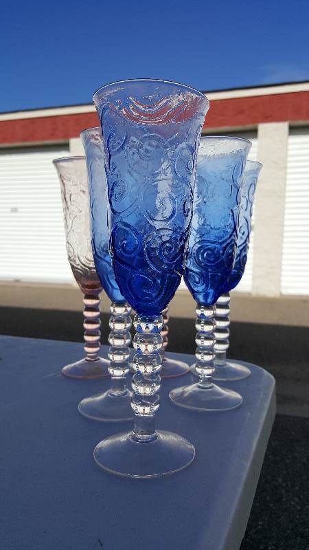 Set of six pink and blue glasses