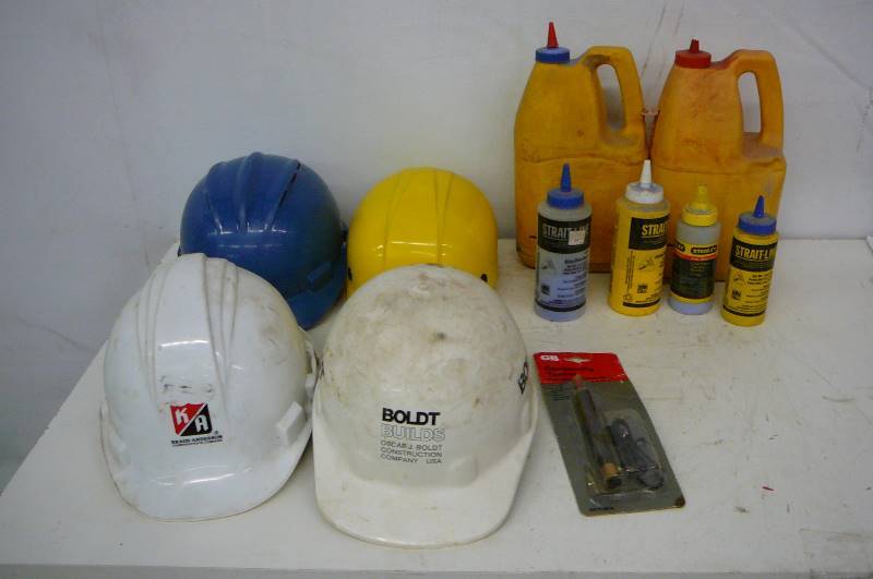 lot 33 image: Hard Hats, Chalk line Chalk, Continuity Tester