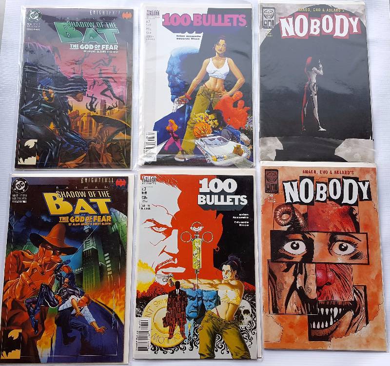 Lot of 6. 2 - DC, Shadow of the Bat. 2 - Vertigo DC, 100 Bullets. 2 - Nobody.