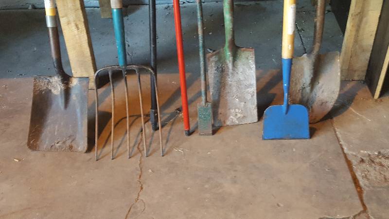 lot 15 image: 5 Tine Pitch Fork, Scraper, Shovels, Ice Chisel