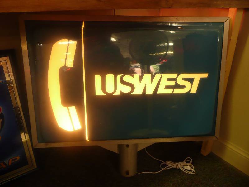 VINTAGE LIGHTED DOUBLE SIDED PAY PHONE SIGN - US WEST