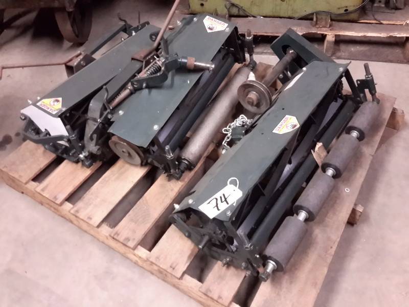 lot 74 image: 3, PROTO TYPE, Mower Reels.. 1, 31 in w  2, 22in wide.. These could be made to work with lot 9 if you are creative and  do this type of thing..