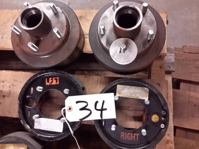 lot 34 image: Pair of Hydraulic Brake Drum and Shoe.. Right and Left.  Hub for 1in Tinken Bearings