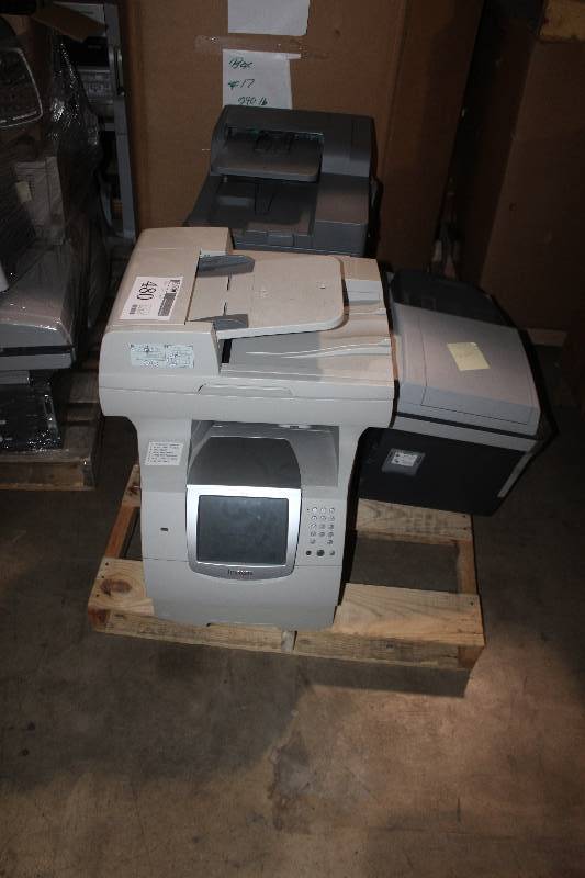 lot 480 image: Pallet Lot of Printers For Parts Including Lexmark x646e, Brother MFC-8480DN, Lexmark 656de