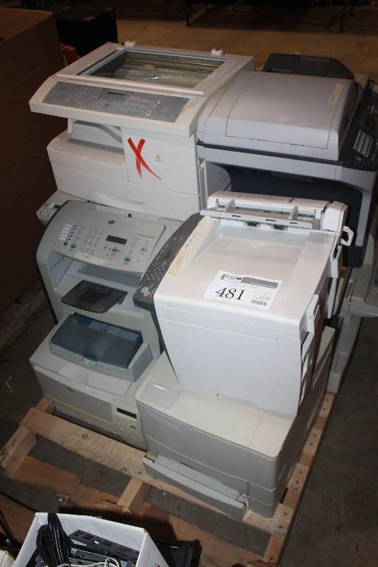 lot 481 image: Pallet Lot of Printers For Parts Including HP LaserJet 4000T, Brother MFC-8480DN, Minolta Di151, HP LaserJet 3050, Xerox WorkCentre Pro 412