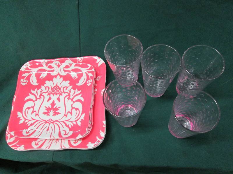 5 Bubble Pink Glass Tumblers, 4 Lun...