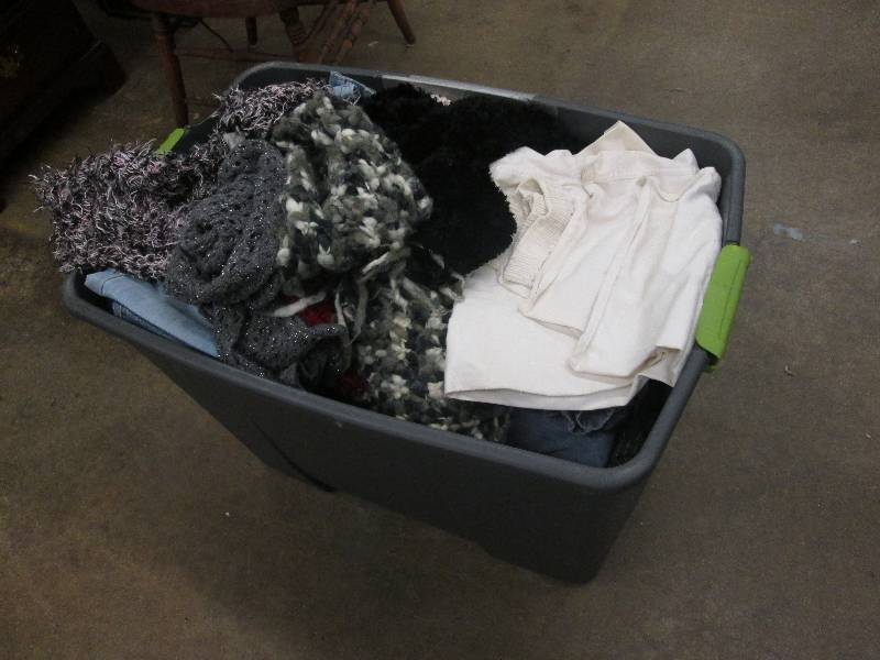 Large tote of clothes, scarves, dis...