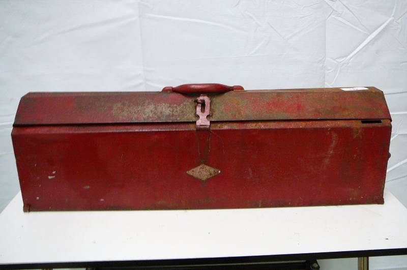 Tool Box with tools 2 Hand Saws - Level- Bolt Cutters - Vintage Level 32 Long x 8 wide x 10 tall
