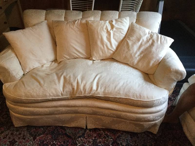 Set of Furniture.  Beautiful, LONG Down filled couch, Love Seat and Side Chair.. All Beautiful Soft Cotton upholstery with Down Filling.. EXCELLENT SHAPE..