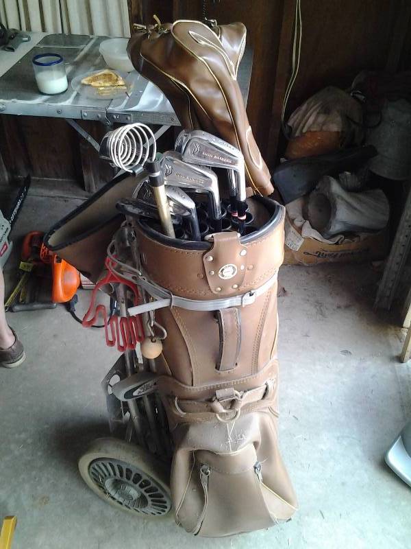 lot 49 image: Vintage Doug Sanders Golf Clubs, Bag, Cart, Balls