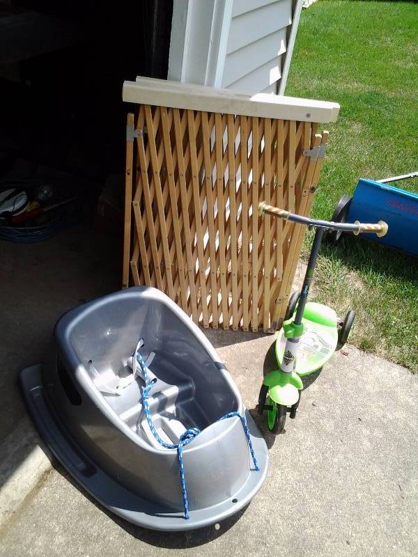 lot 51 image: 2-Adjustable Baby Gates, Scooter, Snow Sled