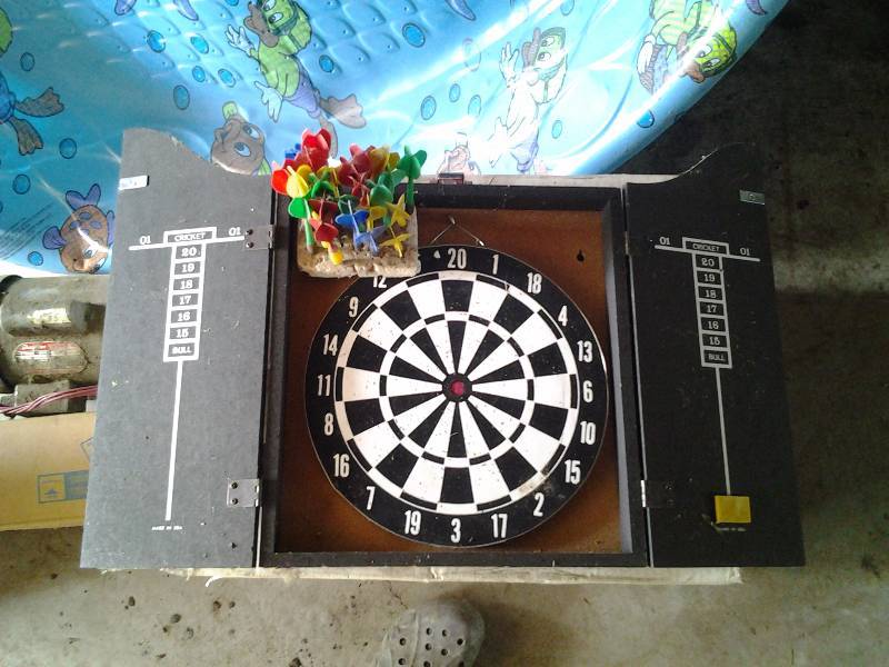 lot 62 image: Wall Mount Dart Board Cabinet With Several Darts