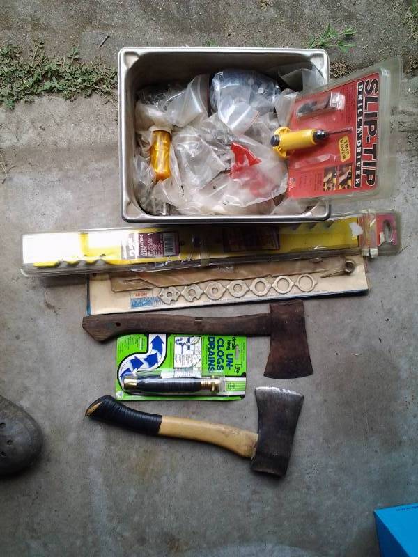 lot 63 image: Nuts & Bolts, Lawn Mower Blades, 2-Hatchets