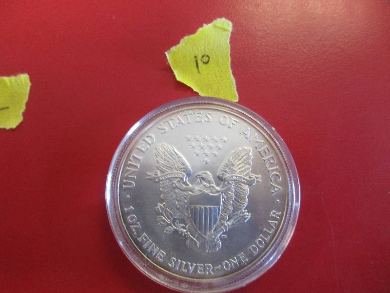 10. 2002 American Silver Eagle 1oz bullion coin in a protective capsule