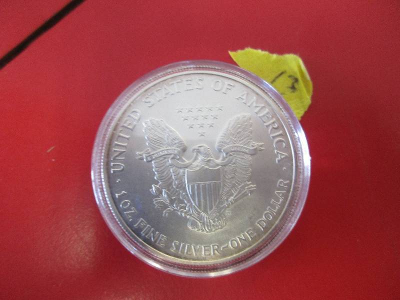 13. 2004 American Silver Eagle 1oz bullion coin in a protective capsule