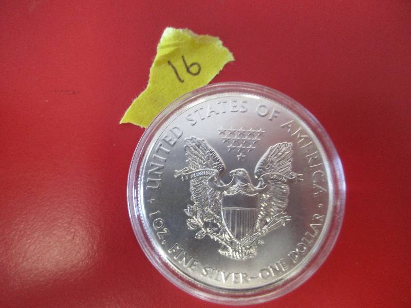 16. 2014 American Silver Eagle 1oz bullion coin in a protective capsule