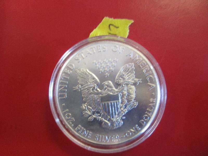 17. 2014 American Silver Eagle 1oz bullion coin in a protective capsule