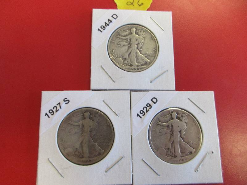 26. 1927 S, 1929 D and 1944 D Walking Liberty Half Dollars