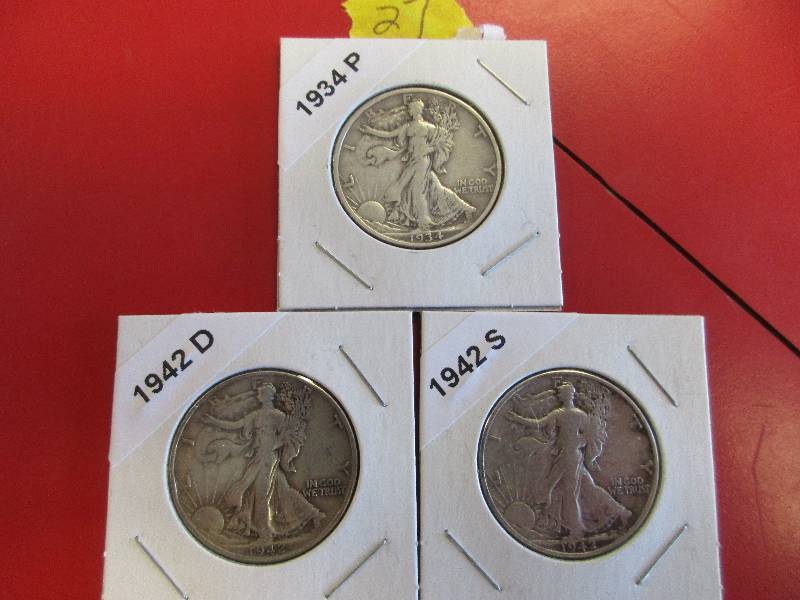 27. 1934 P, 1942 S and 1942 D Walking Liberty Half Dollars