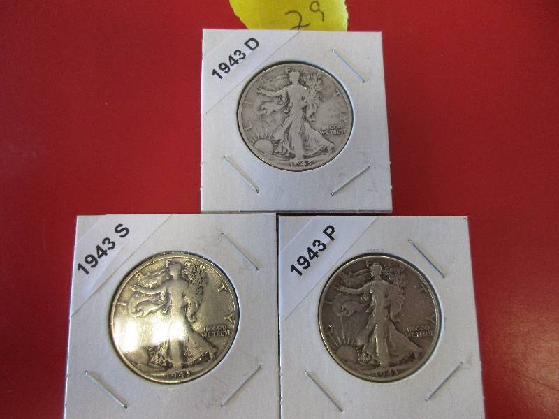 29. 1943 P, D and S Walking Liberty Half Dollars S, 1934 S and 1942 S Walking Liberty Half Dollars