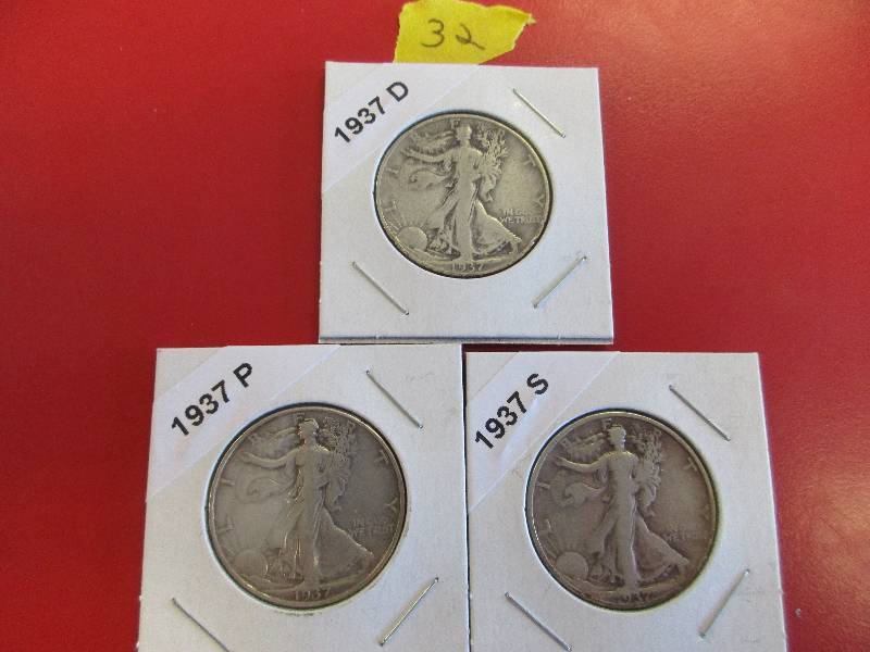 32. 1937 P, D and S Walking Liberty Half Dollars.