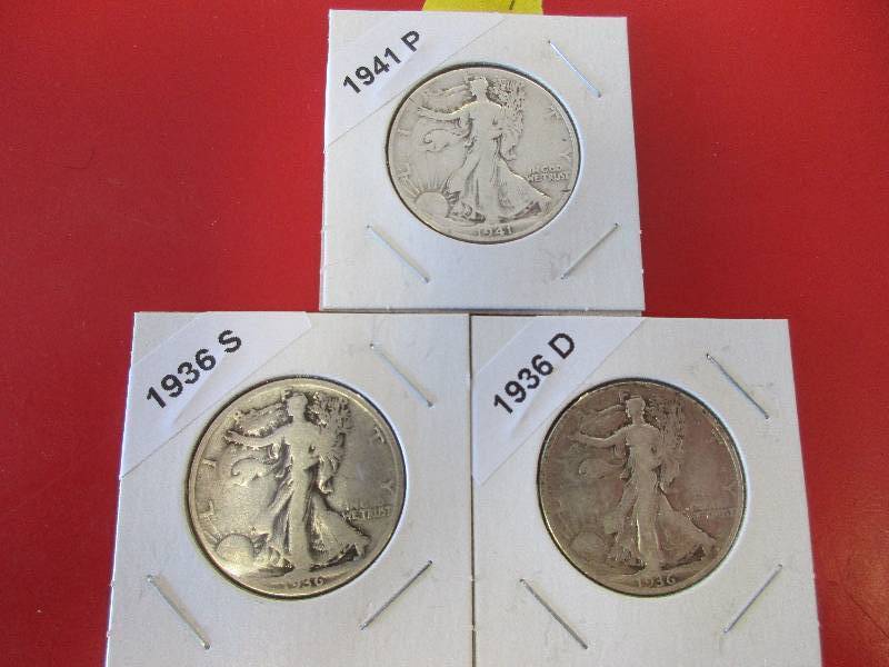 34. 1936 D, 1936 S and 1941 P Walking Liberty Half Dollars.
