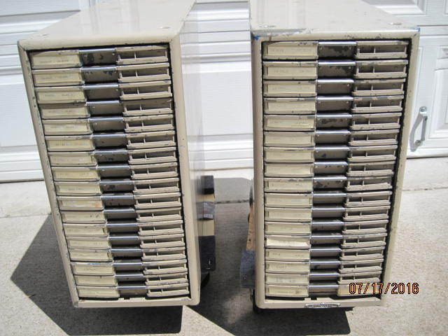 lot 12 image: Two Vintage Remington RAND KARDEX 17 Drawer Metal Stack-able Filing Cabinets.