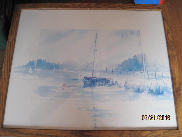 lot 26 image: Sarah Malin Wall Art. Water Scene, Sail Boats in background with main focus on Docked Sail Boat.