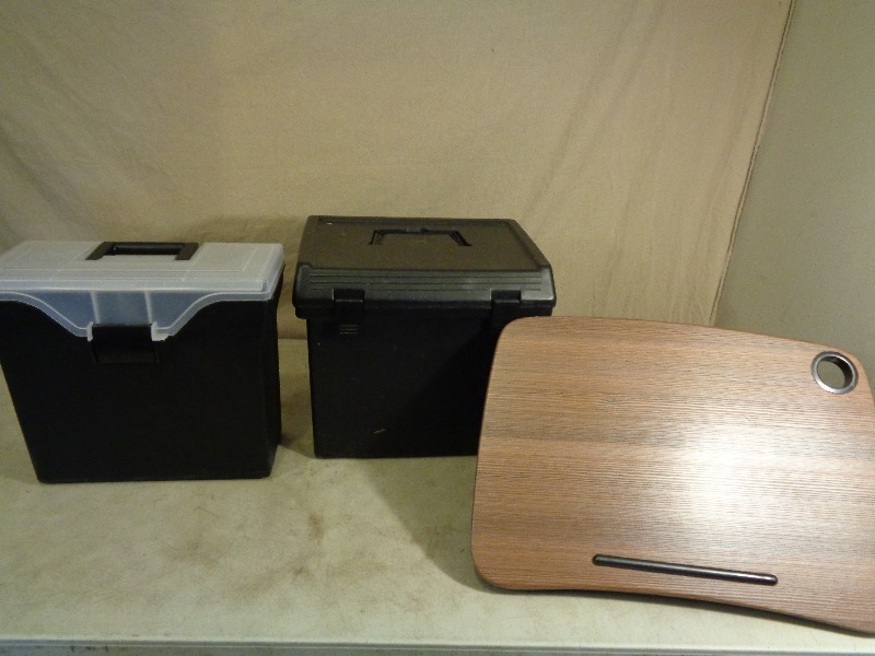 lot 80 image: 2 Plastic Storage  File Boxes and Brookstone Lap Desk