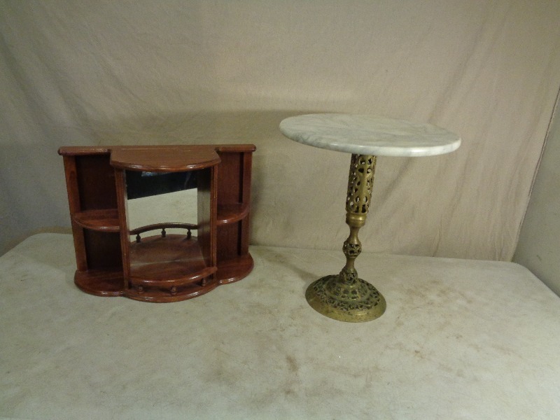 lot 81 image: Metal Table with Stone Top and Wood Shelf