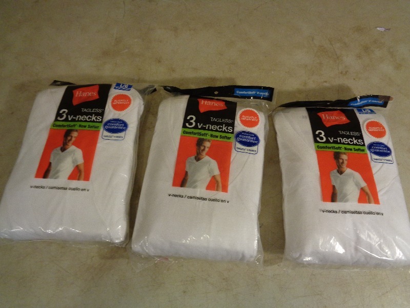 lot 101 image: 3 New Packages of Hane V Neck Shirts