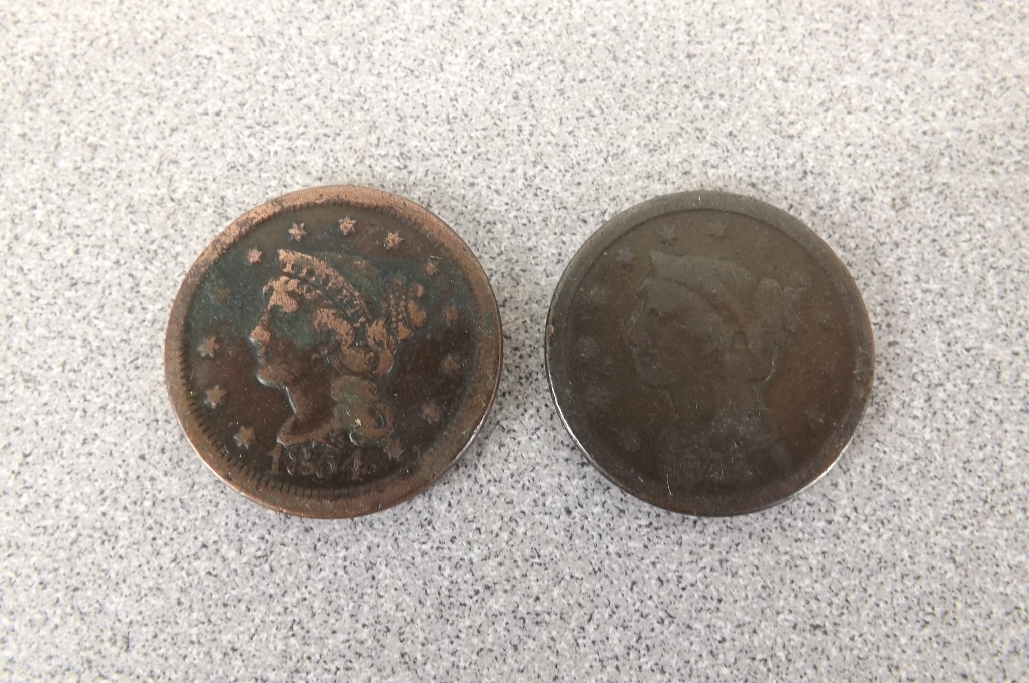 2 US Braided Hair Large Cents Penny Copper 1844 G and 1854 XF
