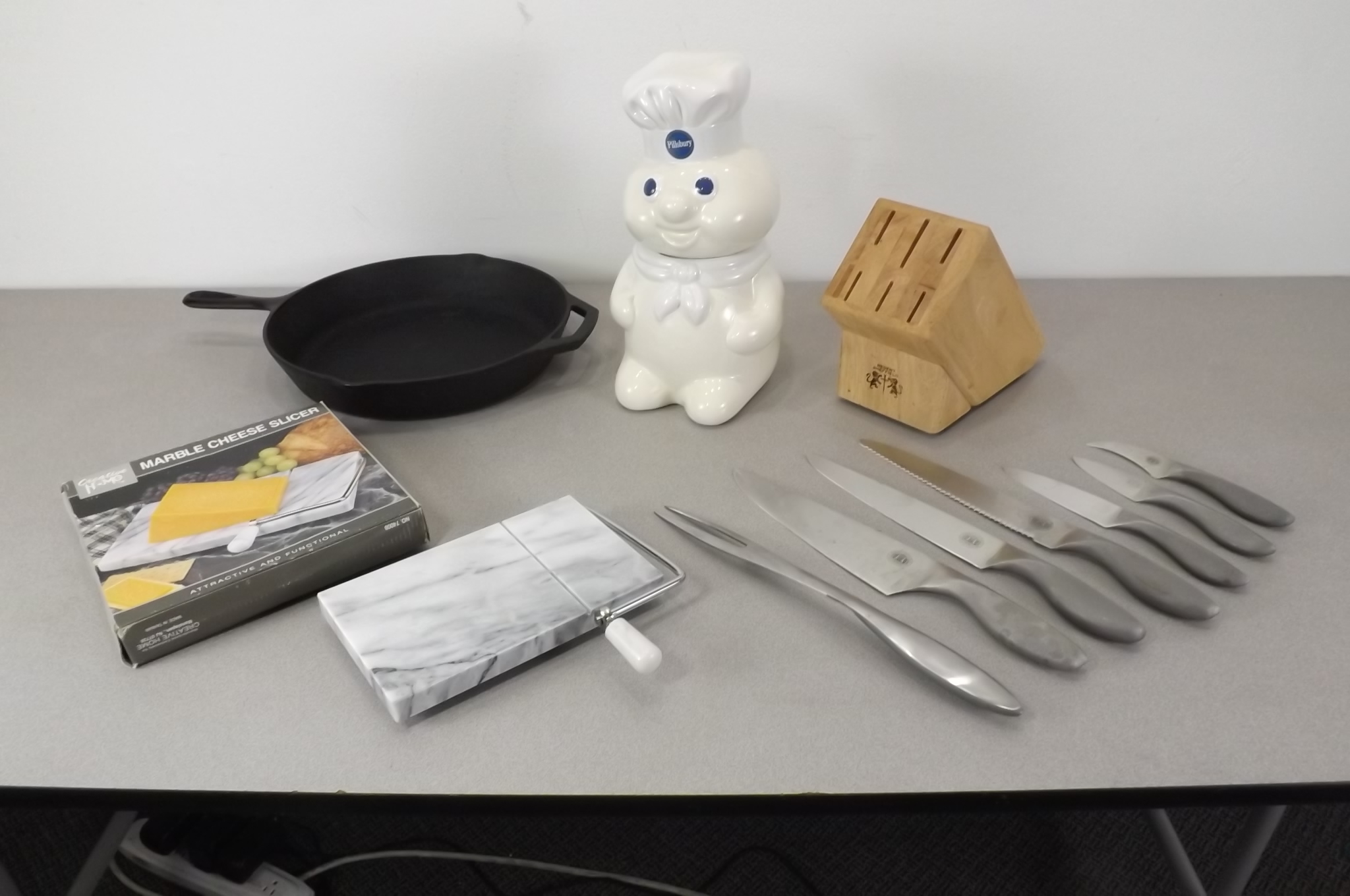 Lot of Kitchen Cooking, Cast Iron Skillet, Marble Cheese Slicer, etc.